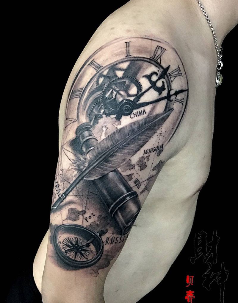 环游世界纹身图片_成品手臂欧美写实静物纹身图案
