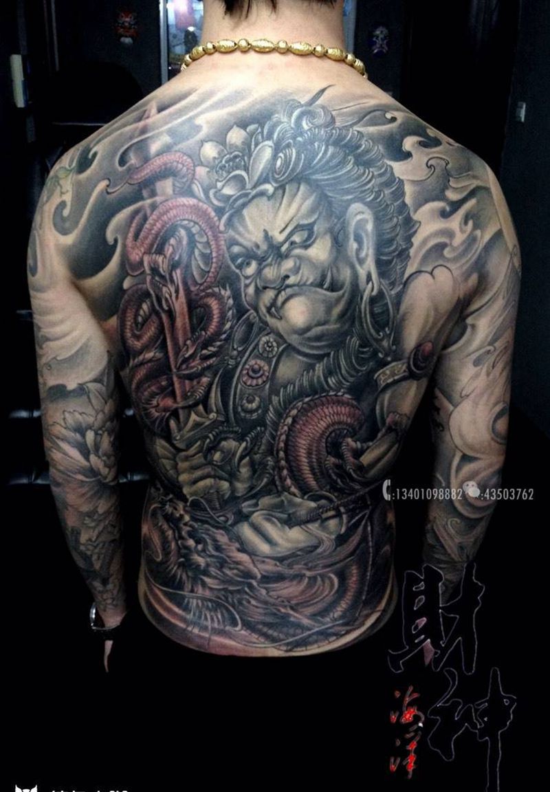 不动明王纹身图片_成品传统人物鬼神宗教背部纹身图案