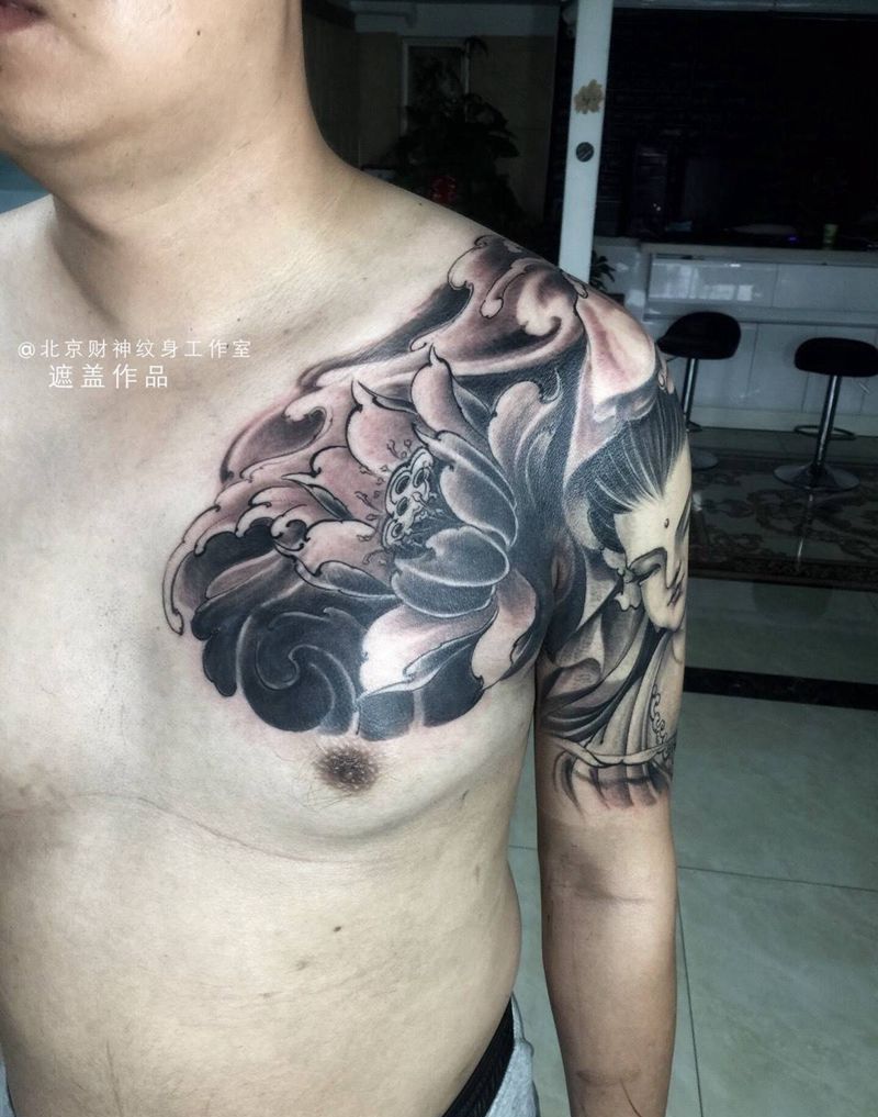 遮盖图案半甲纹身图片_成品手臂肩部胸部传统人物宗教原创纹身图案
