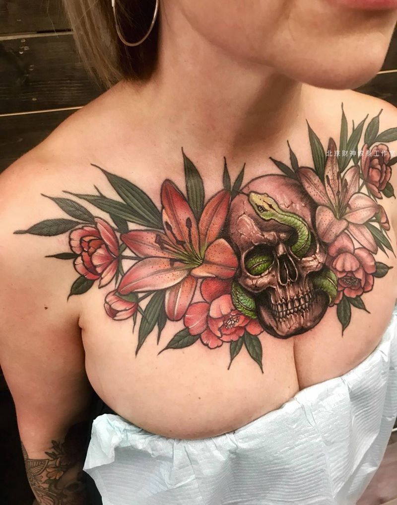 修改纹身图片_成品欧美植物胸部纹身图案