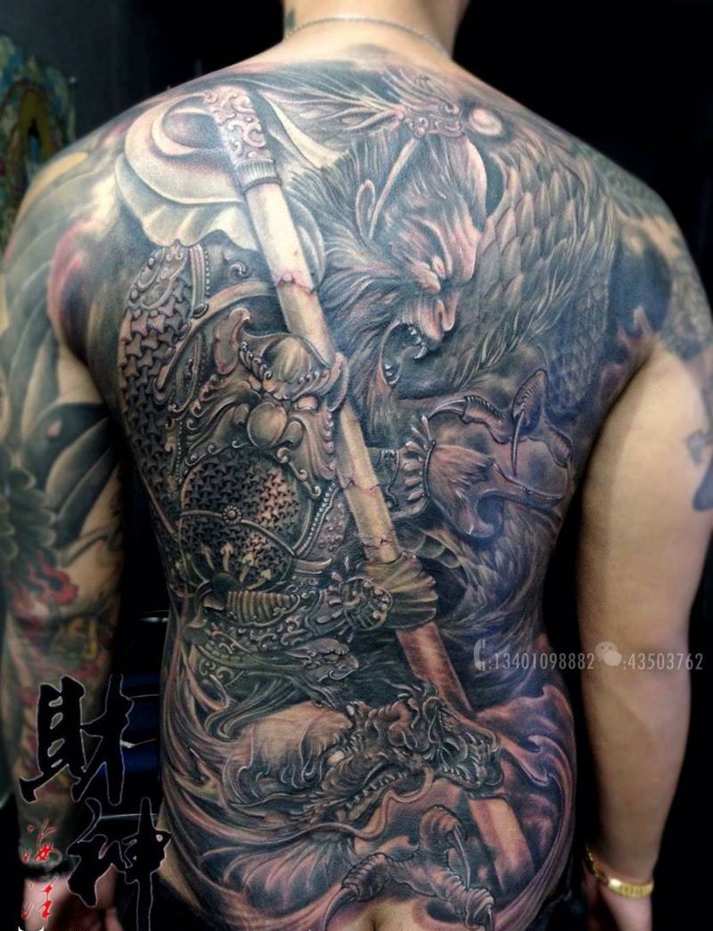 斗战圣佛纹身图片_成品肩部背部传统欧美人物鬼神宗教纹身图案