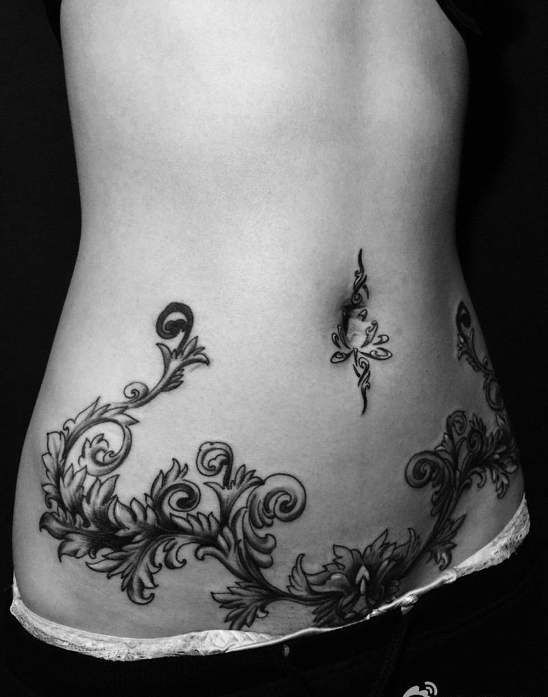 藤蔓纹身图片_成品腹部传统植物纹身图案