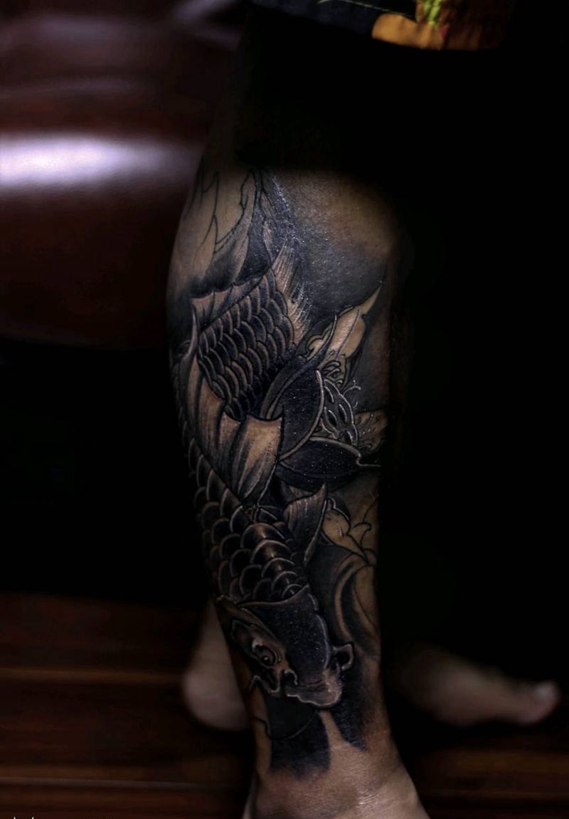 小腿鲤鱼 原创手稿纹身图片_腿部传统动物植物原创成品手稿纹身图案