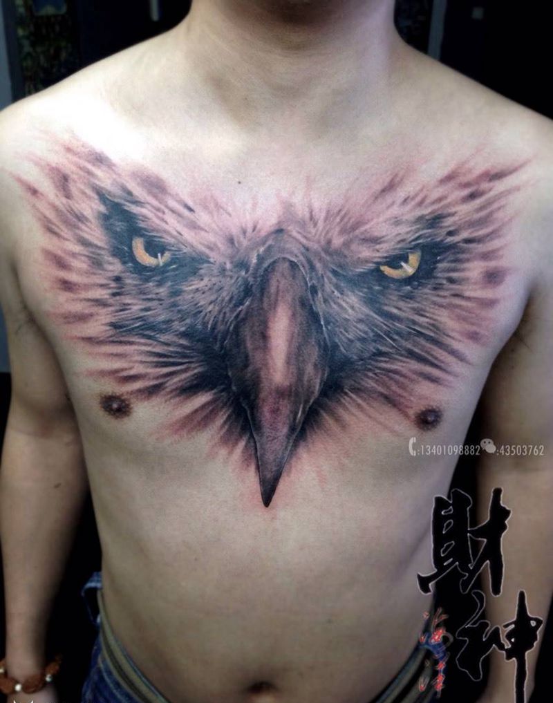 鹰纹身图片_成品写实欧美原创动物胸部纹身图案