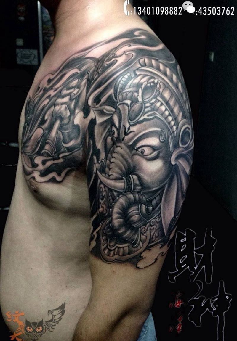 神象纹身图片_成品肩部胸部传统鬼神宗教原创纹身图案