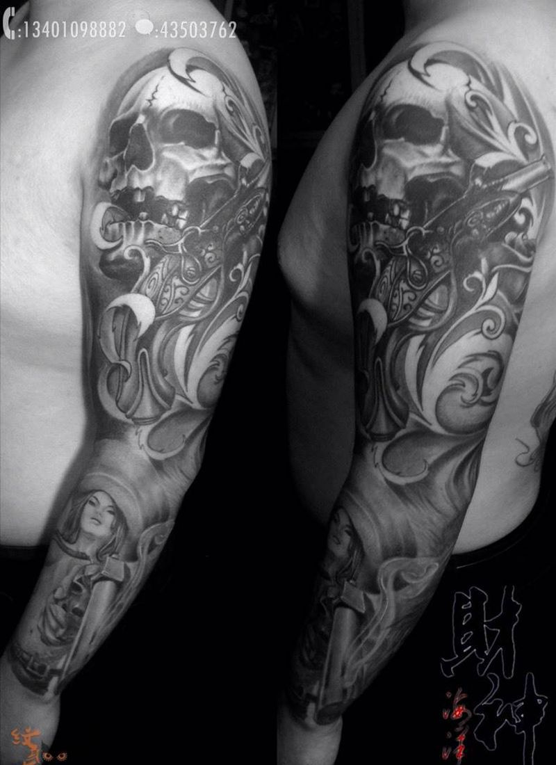 欧美黑灰作品纹身图片_人物鬼神手臂肖像欧美写实原创宗教纹身图案