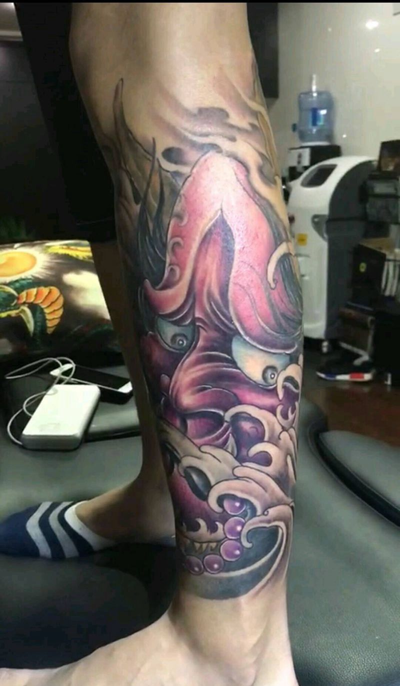 般若纹身图片_腿部传统鬼神成品纹身图案