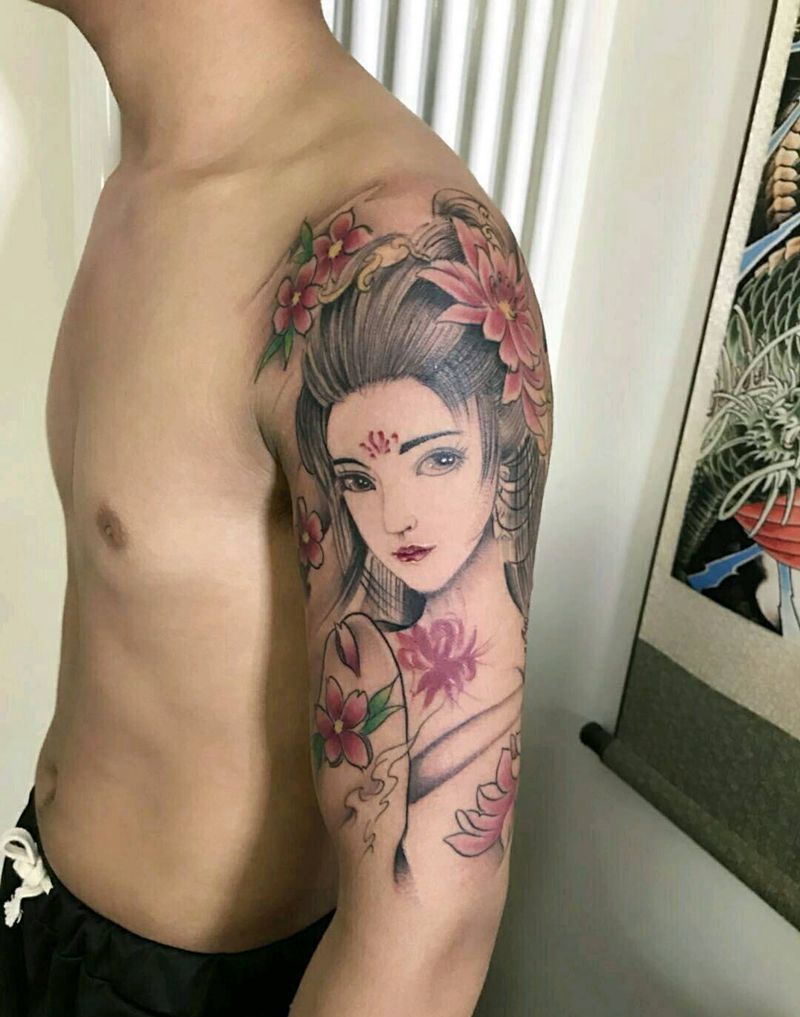 艺姬纹身图片_手臂传统人物成品纹身图案