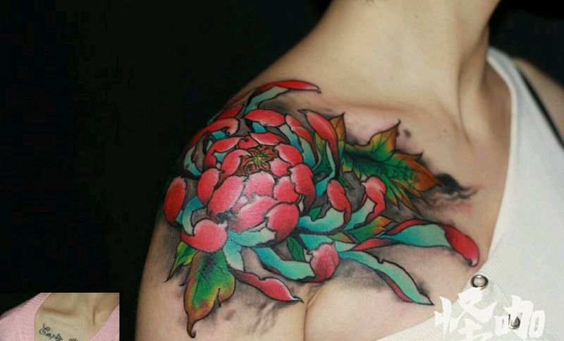 遮盖图纹身图片_肩部植物原创成品纹身图案