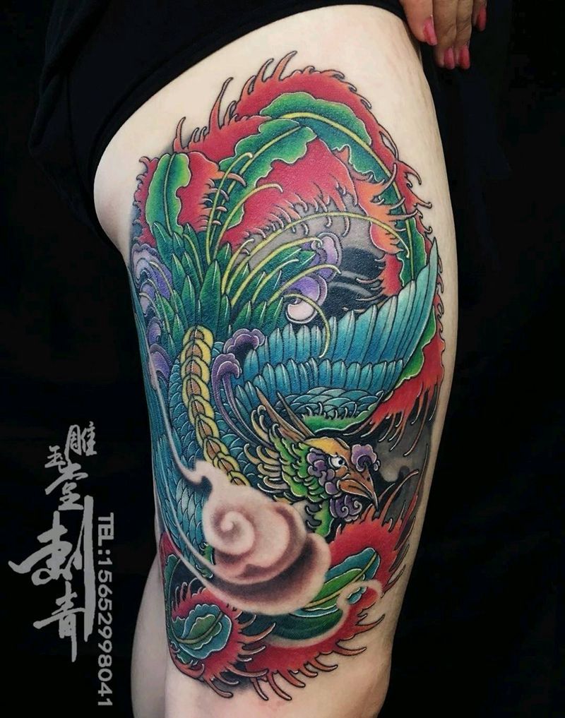 凤纹身图片_腿部新传统纹身图案
