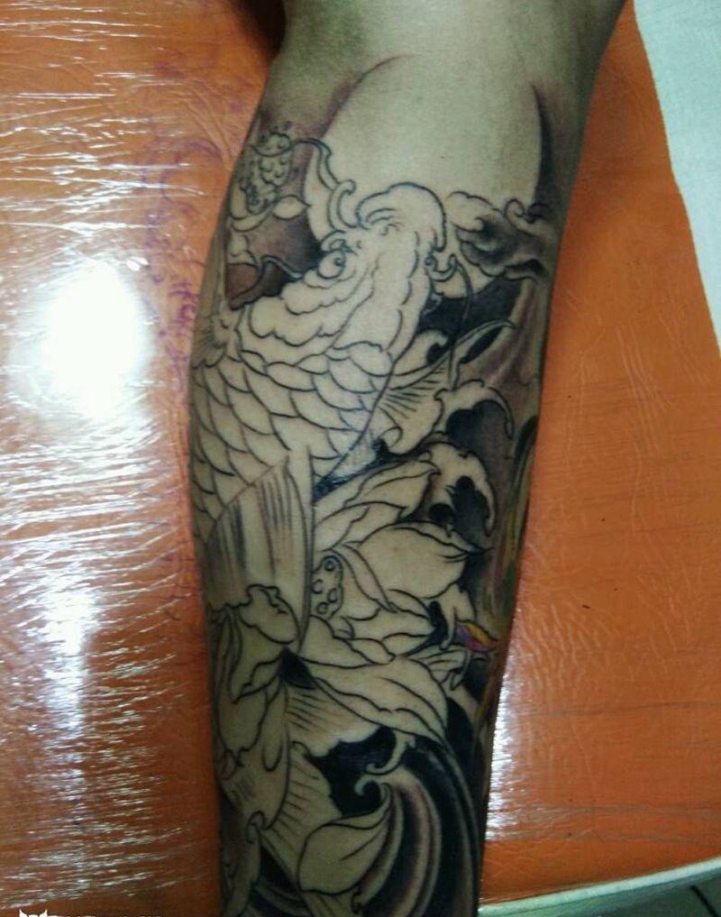 小松刺青 包小腿锦鲤未完成纹身图片_