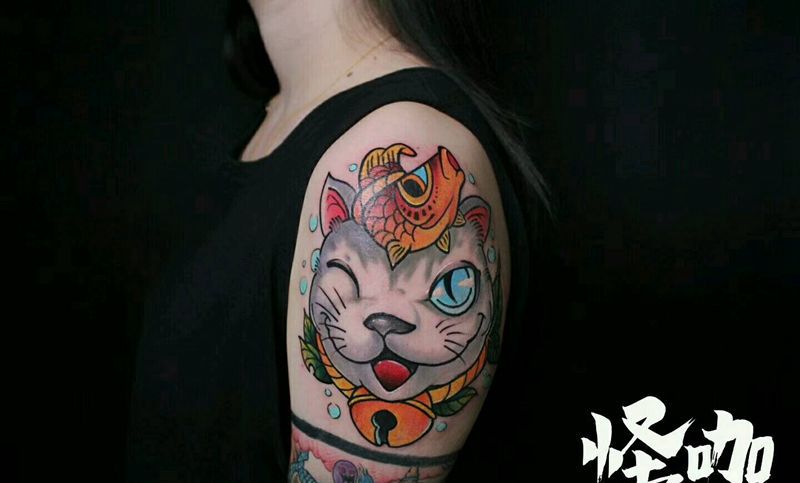 招财猫纹身图片_手臂传统动物原创成品纹身图案