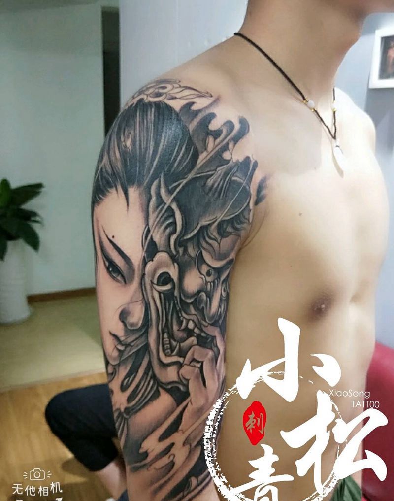 大臂艺妓纹身图片_肩部传统人物成品纹身图案