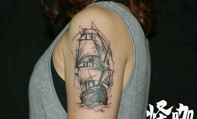 帆船纹身图片_肩部欧美写实植物原创成品纹身图案