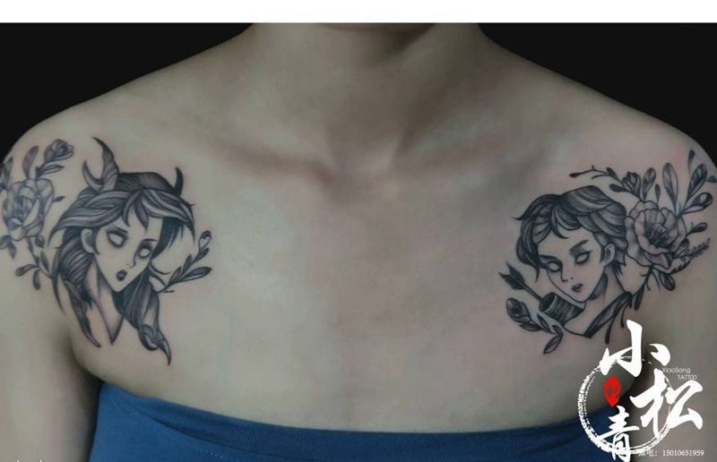 最敏感位置纹身纹身图片_胸部点刺Old School纹身图案