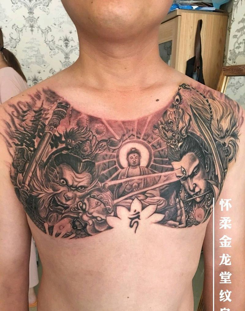 西游题材，美猴王大战二郎神硬汉纹身图片_胸部新传统纹身图案