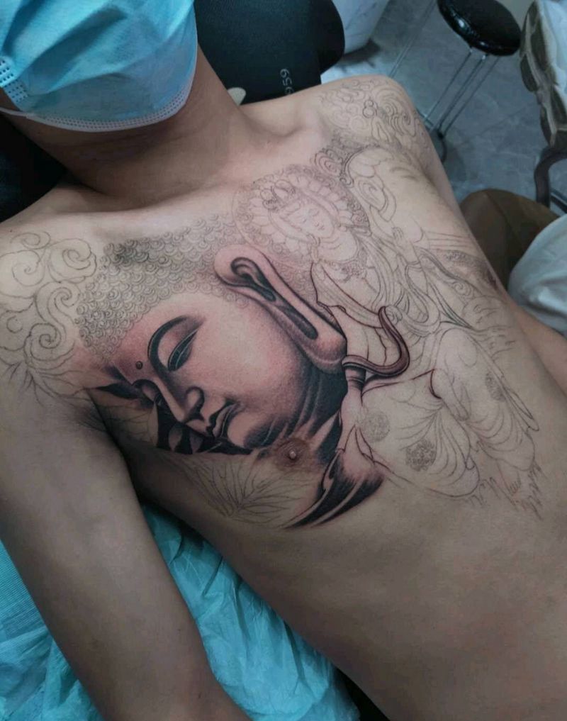 新款三面佛进度！！！纹身图片_胸部新传统纹身图案