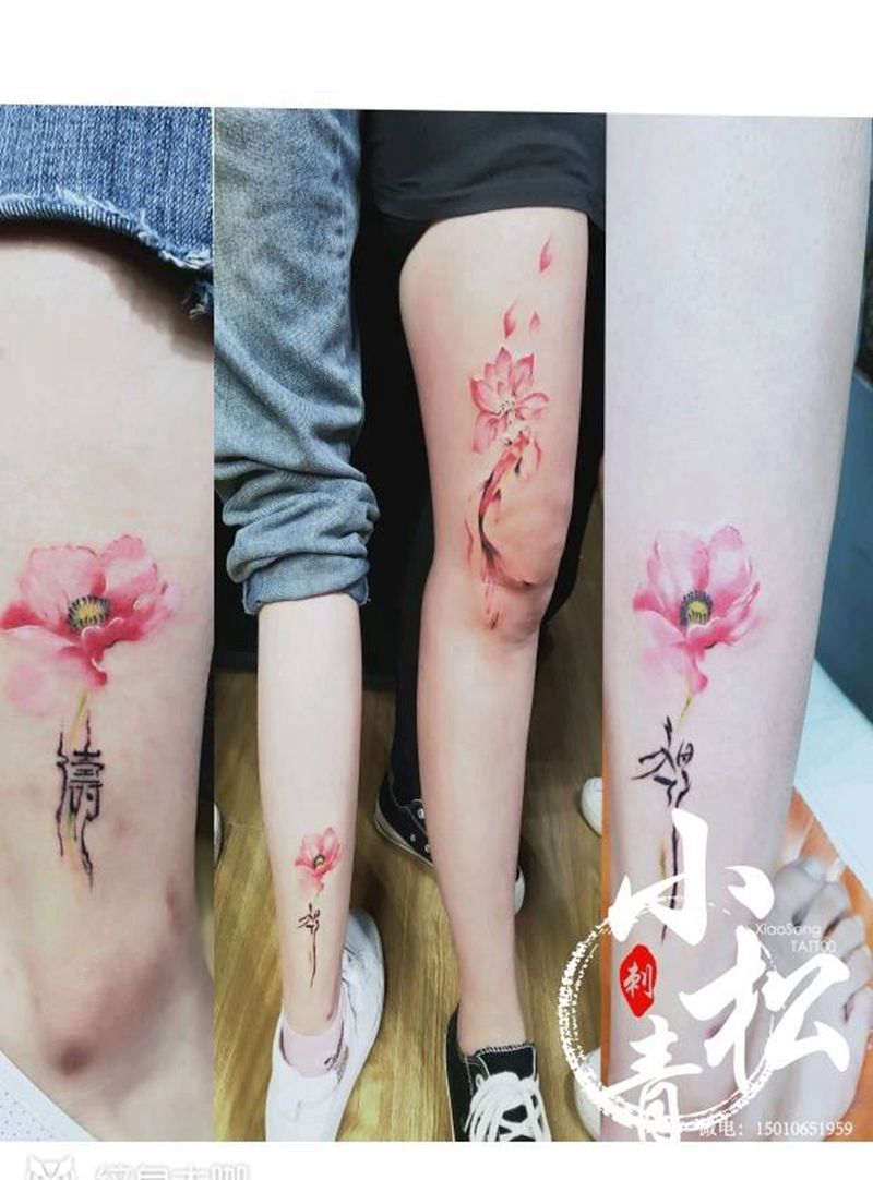 清新花朵纹身图片_腿部新传统纹身图案