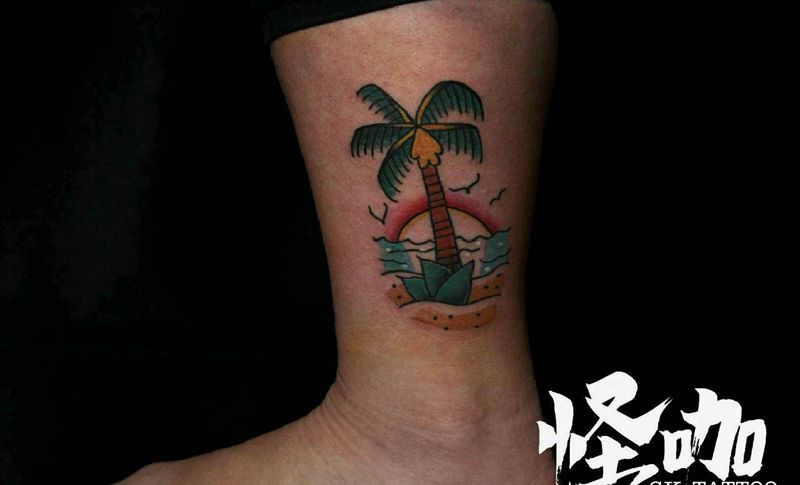椰树纹身图片_腿部清新植物静物原创成品纹身图案