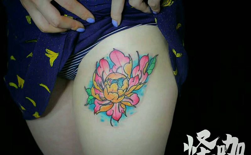 花卉纹身图片_腿部欧美植物原创成品纹身图案