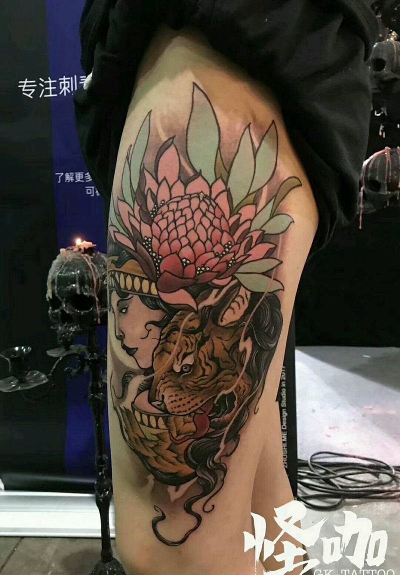 虎纹身图片_腿部欧美传统动物人物图腾原创成品纹身图案
