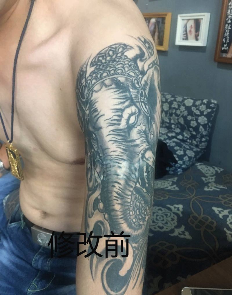 修改作品象神纹身图片_成品肩部传统宗教纹身图案