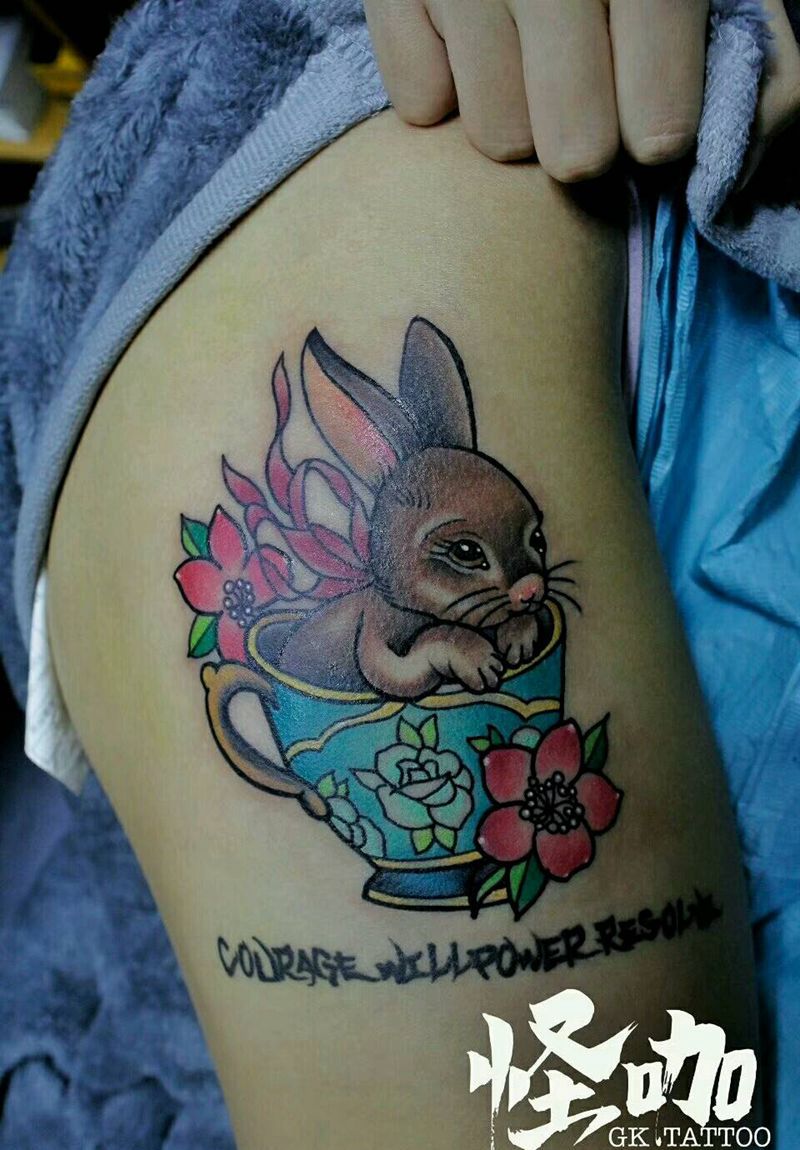 兔子纹身图片_腿部欧美动物原创成品纹身图案
