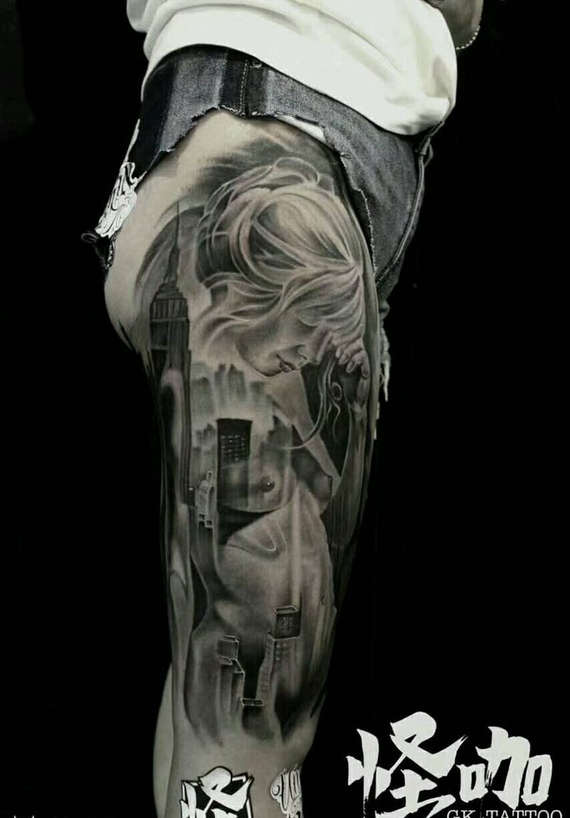 包大腿纹身图片_腿部欧美人物图腾原创成品纹身图案