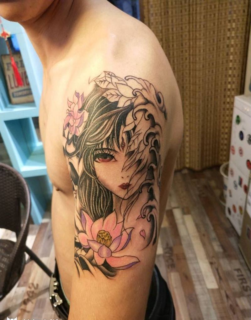 2018年作品，古风美女纹身图片_肩部手臂新传统古风纹身图案