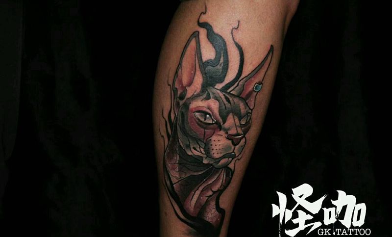 斯芬克斯纹身图片_手臂欧美动物鬼神原创成品纹身图案