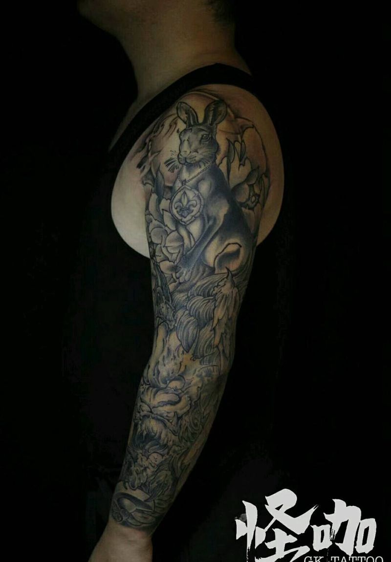兔子与貔貅纹身图片_手臂欧美传统动物植物鬼神原创成品纹身图案