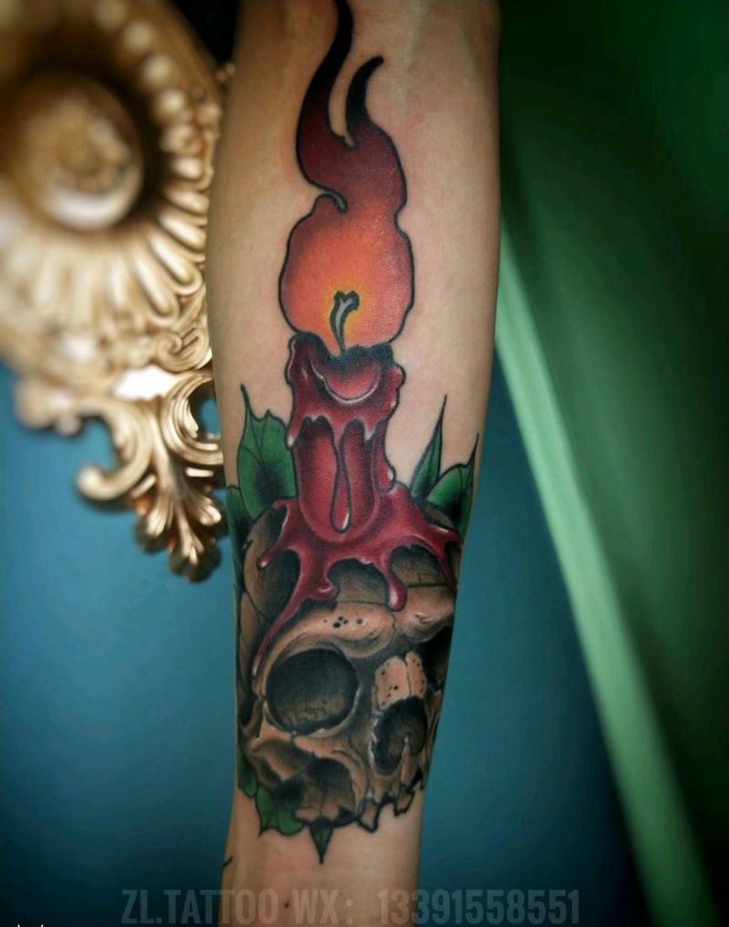 骷髅烛台纹身图片_Old School纹身图案