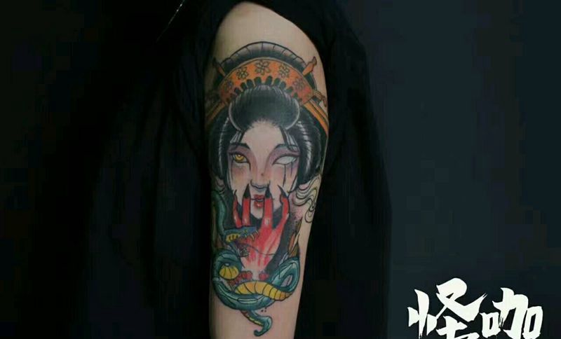 艺伎纹身图片_手臂传统人物原创成品纹身图案