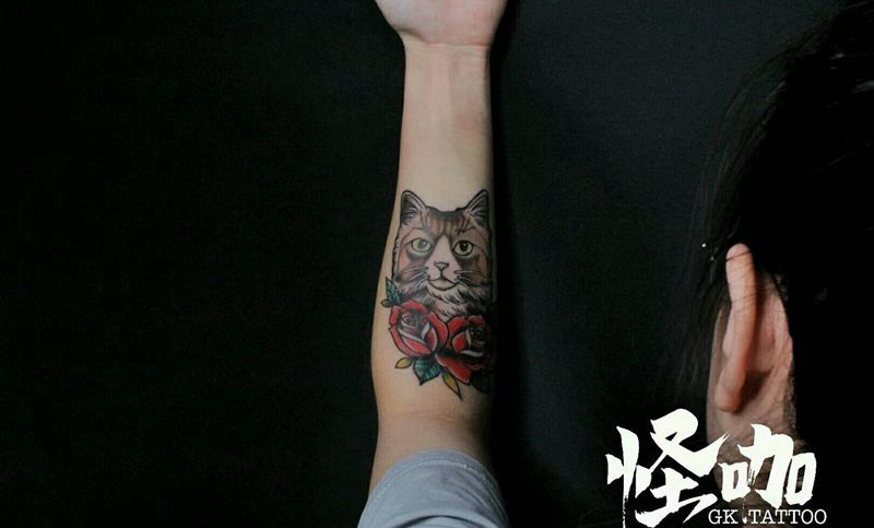 猫纹身图片_手臂欧美清新动物成品纹身图案