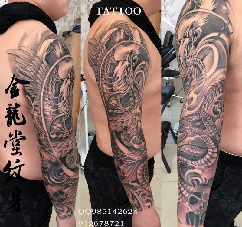 花臂凤，蛇完成纹身图片_成品手臂传统动物纹身图案