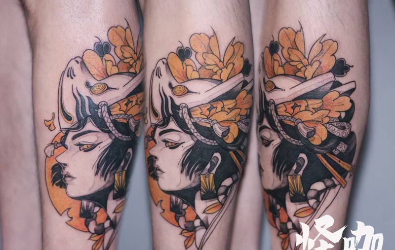 艺妓tattoo纹身图片_腿部New School纹身图案