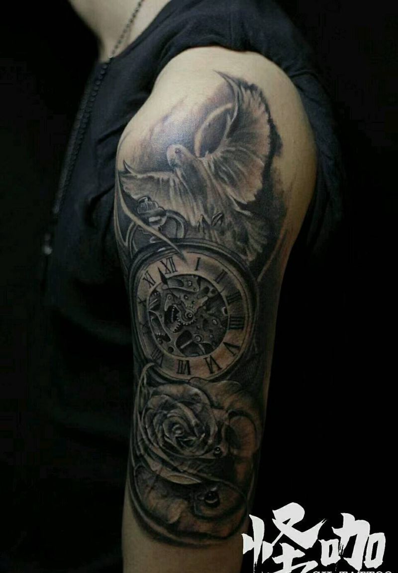 黑白写实纹身图片_手臂欧美写实动物人物植物原创成品纹身图案