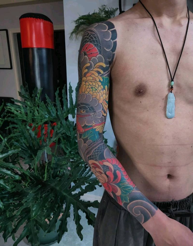 日式老传统花臂纹身图片_手臂老传统纹身图案