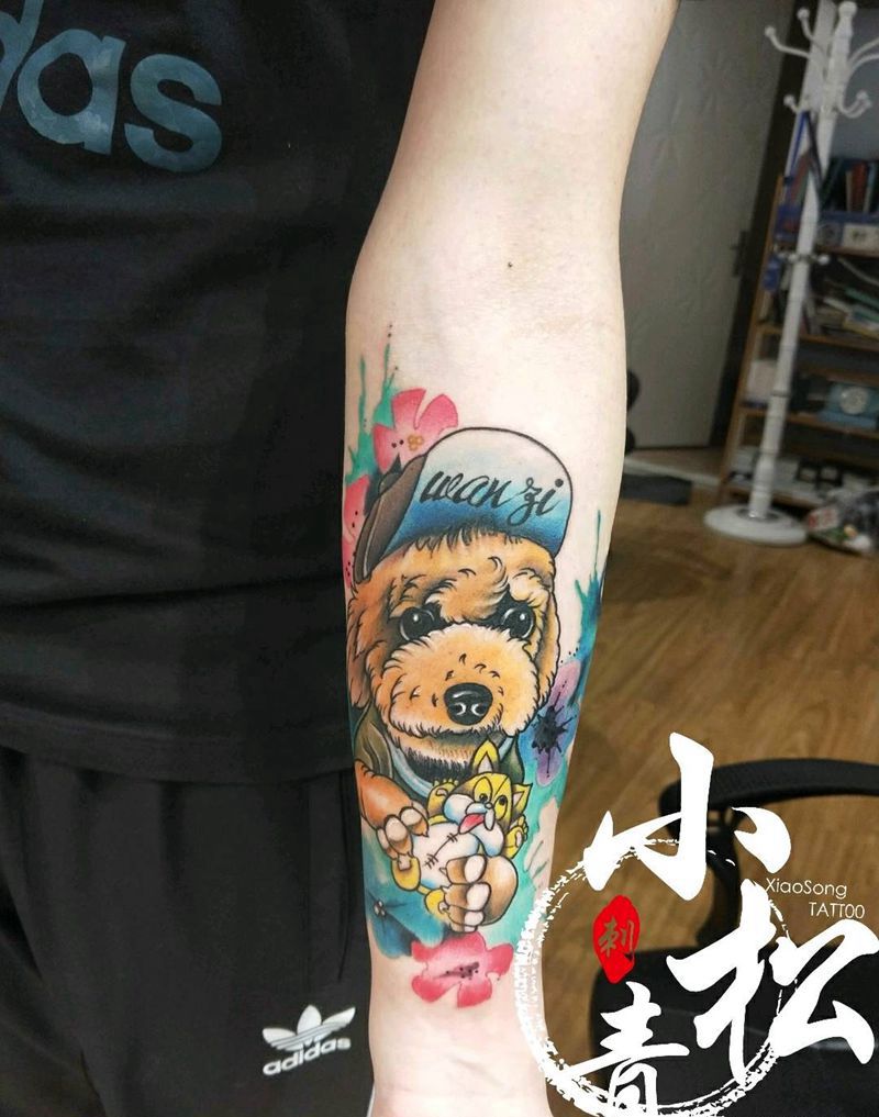小泰迪纹身图片_手臂欧美动物成品纹身图案