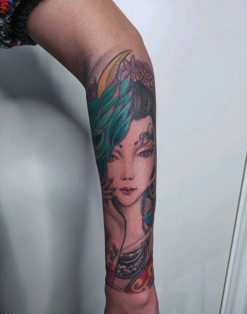 彩色艺伎包小臂纹身图片_手臂新传统纹身图案