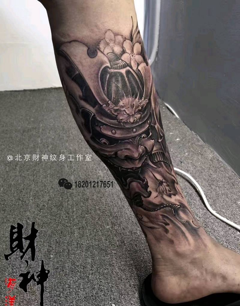 鬼武士纹身图片_腿部新传统纹身图案