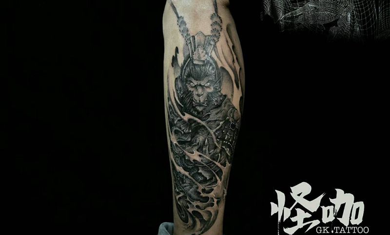 齐天大圣纹身图片_腿部写实鬼神原创成品纹身图案