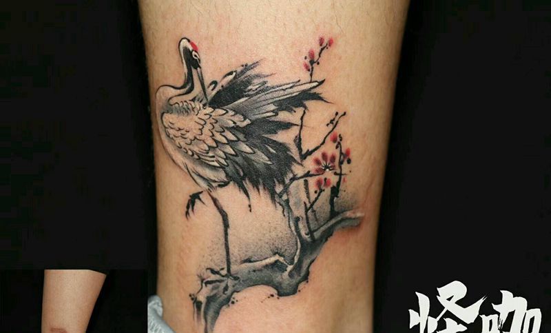 仙鹤纹身图片_腿部传统动物鬼神原创成品纹身图案