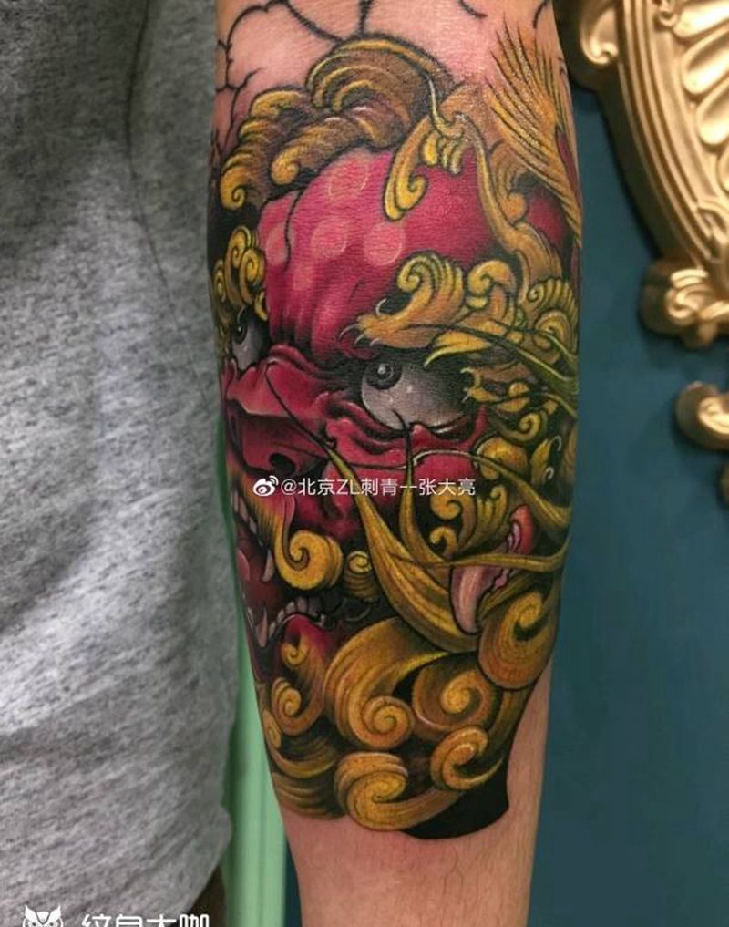 唐狮纹身图片_手臂新传统纹身图案