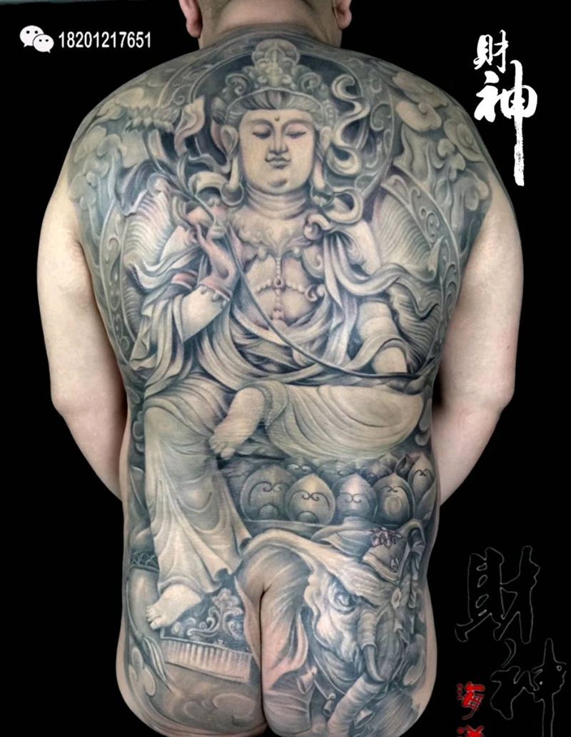 石雕风格普贤菩萨纹身图片_背部臀部老传统新传统纹身图案