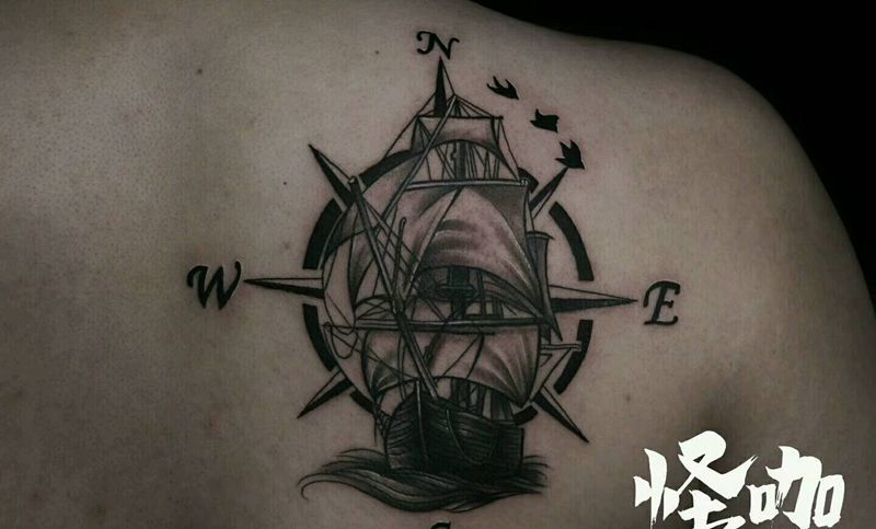 帆船纹身图片_背部写实原创成品纹身图案