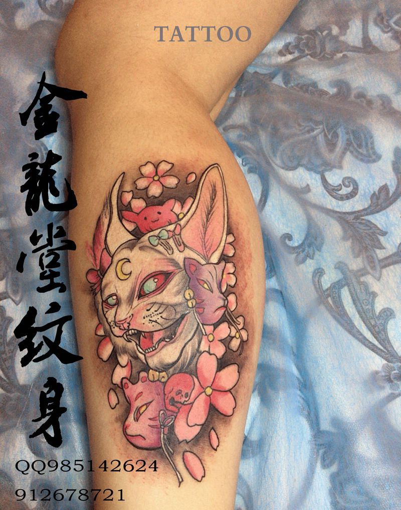 日本猫纹身图片_腿部新传统纹身图案