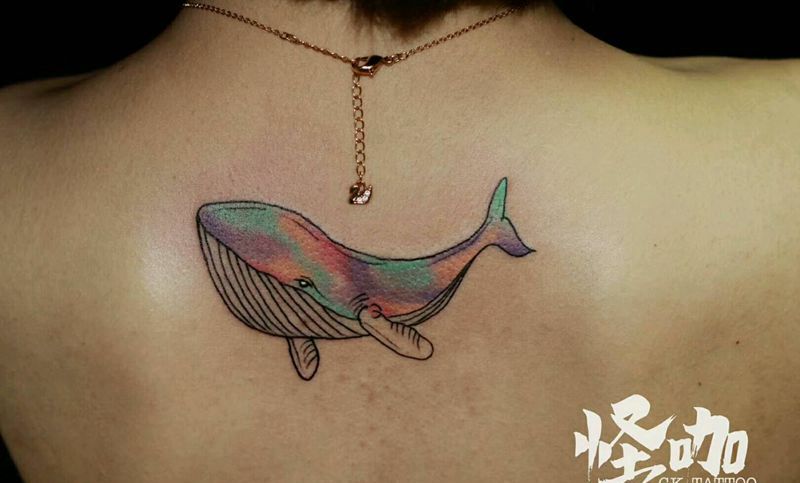 鲸鱼纹身图片_背部清新动物原创成品纹身图案