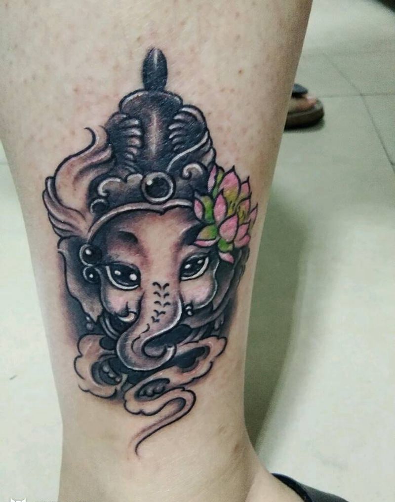 小松刺青 可爱的小象神纹身图片_腿部传统清新宗教成品纹身图案