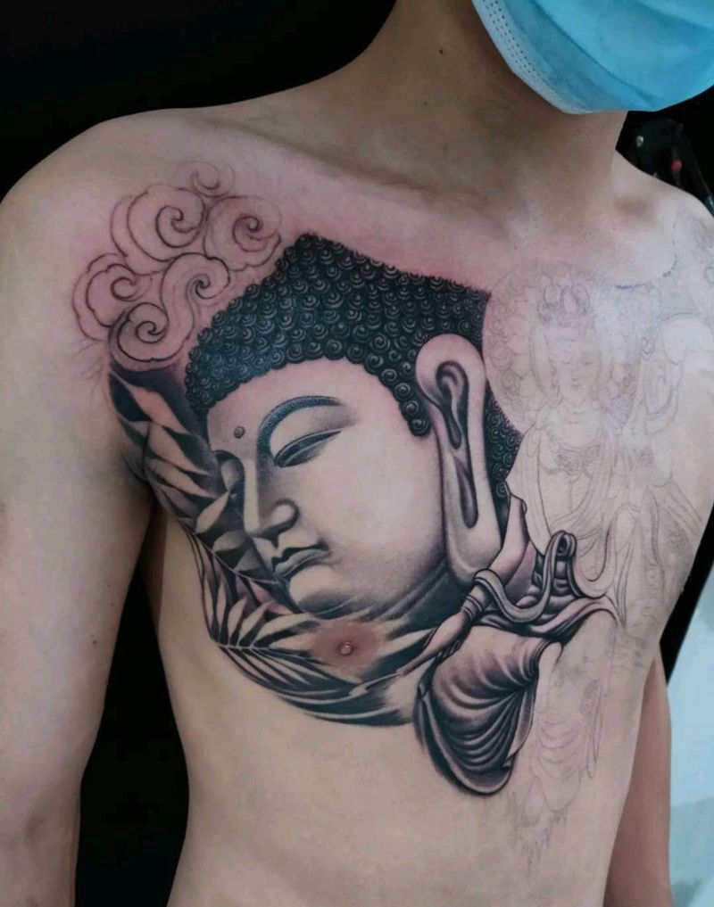 新款三面佛花胸整体进度！纹身图片_胸部新传统纹身图案